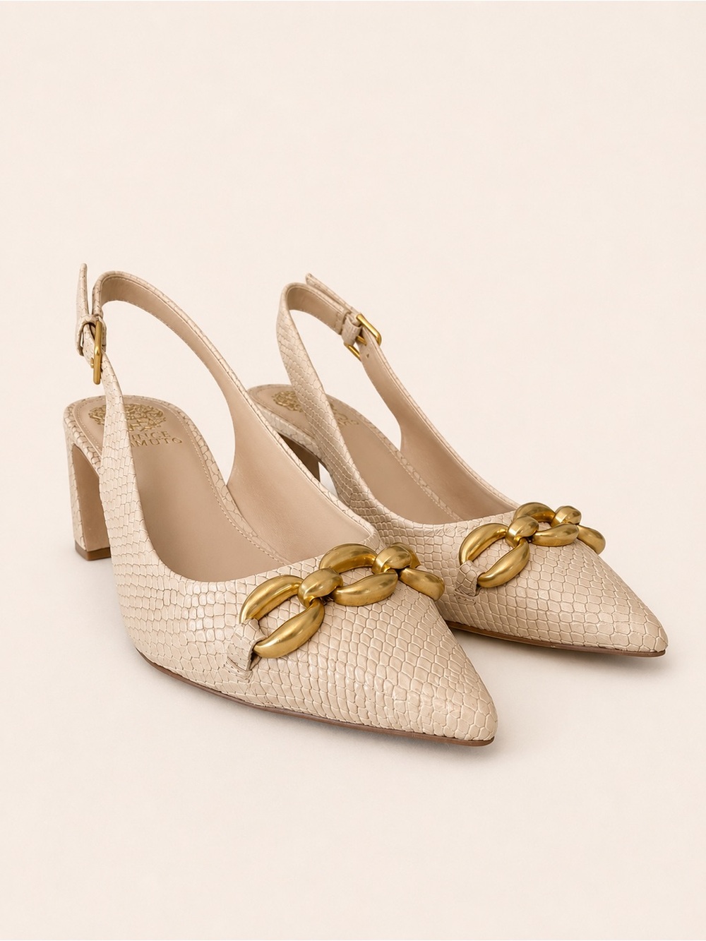 Vince Camuto • “Hamden” Slingback Heels Cream Gold Chain Block Heel | Size 9-1/2